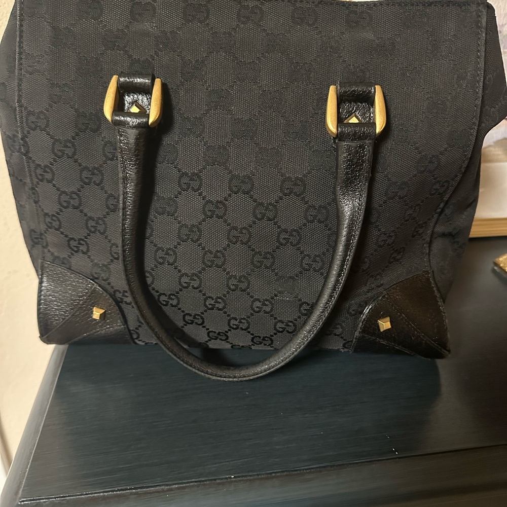 Gucci GG Canvas Tote Bag In Black Leather With Studs - Picture 7 of 16